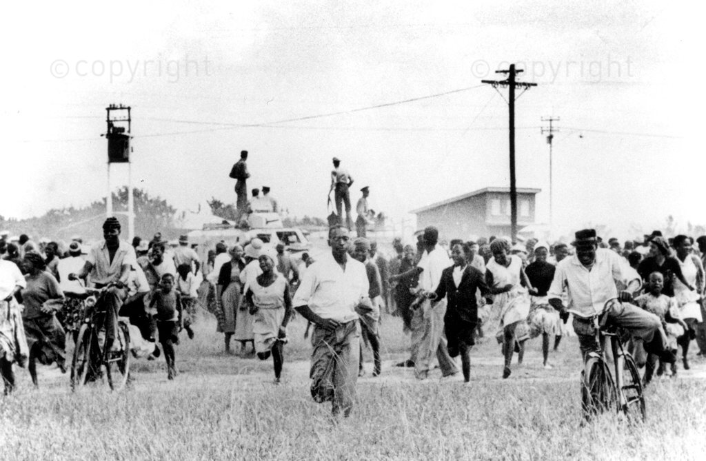 Five Months' Nightmare – Sharpeville massacre – how it began. Outside Sharpeville police station. A curious crowd. Police opened fire. Everyone flees. Some smiling thinking blanks are being used. After the people's protest; after the Sharpeville killings; after 20 000 people had been detained; the government closed another chapter in our country's history. There was to be no change. Apartheid and baasskap was here to stay.