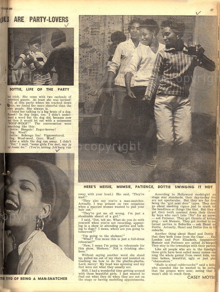 DM2001040214:SAED:STORY:SOCIAL:AUG1960 - Real High-Life Dolls, Patty Patience, Dotty Tiyo, Hazel Futha (Photographs by Peter Magubane © Baileys Archives)