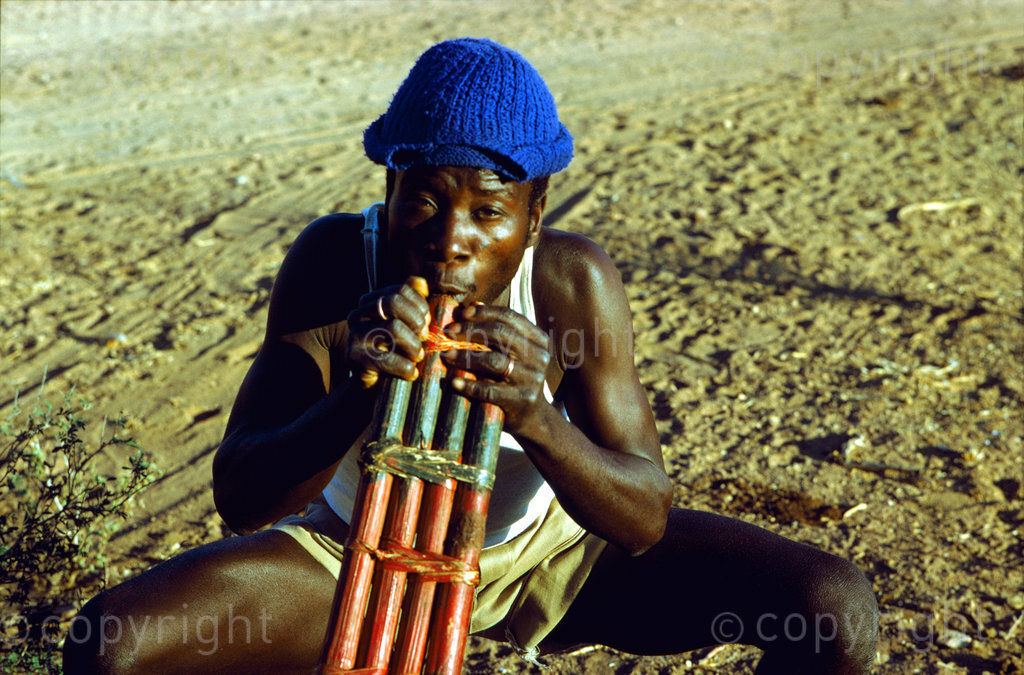 Close-up of Nyanga panpipe player at Matambo.