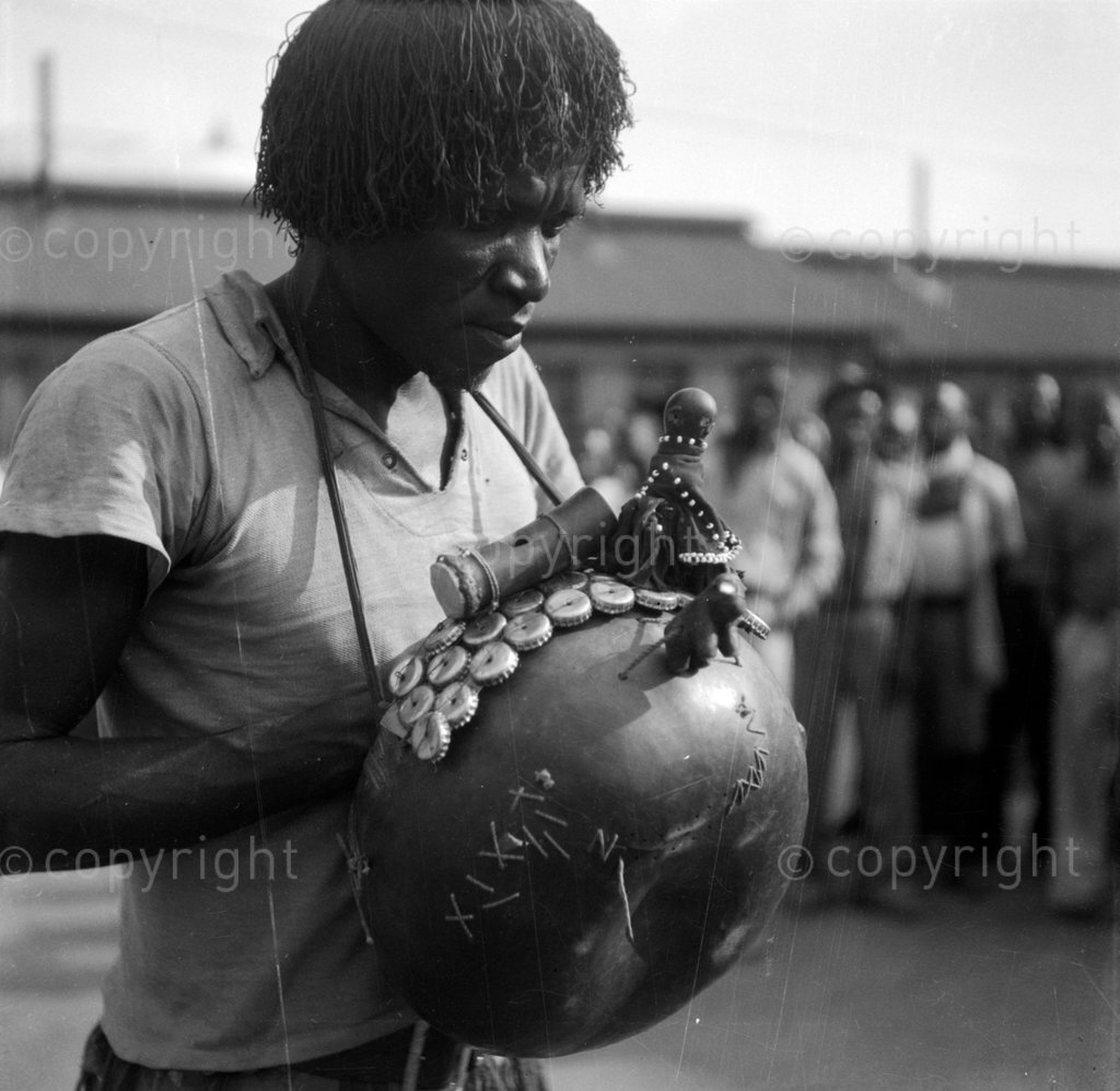 Ndau musician and entertainer, Muyaiso (Cemente), with his mbira dzaVaNdau instrument in Gutava village in Chipinge District.