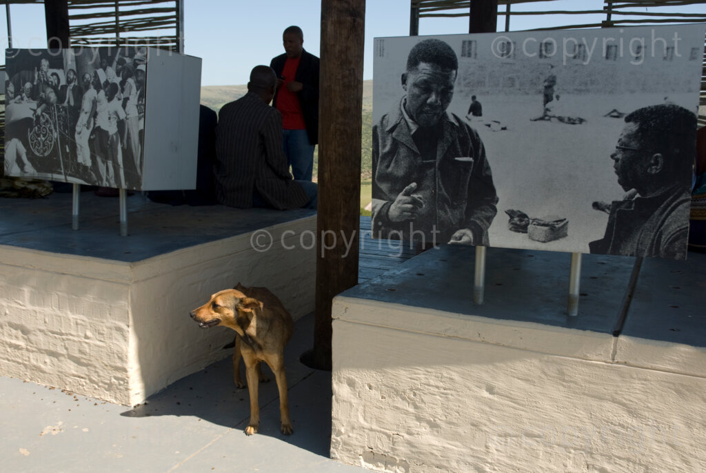 Historic photographs are seen of Former South African President Nelson Mandela during a community meeting at his birth place Mvezo near his rural home in Qunu, Eastern Cape.
