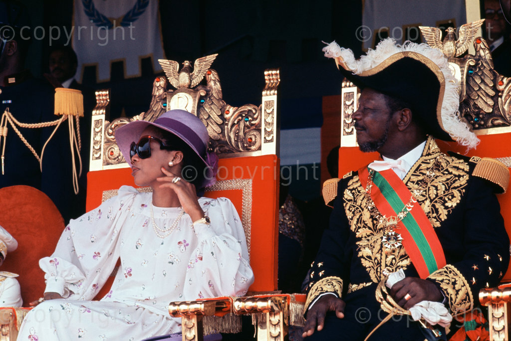 Emperor Bokassa and his queen seated on their thrones as they watch the proceedings during Bokassa's coronation on 14th December 1977. (Photo by: Africa 24 Media / Camerapix/Mohamed Amin/Duncan Willetts) ALL RIGHTS RESERVED
