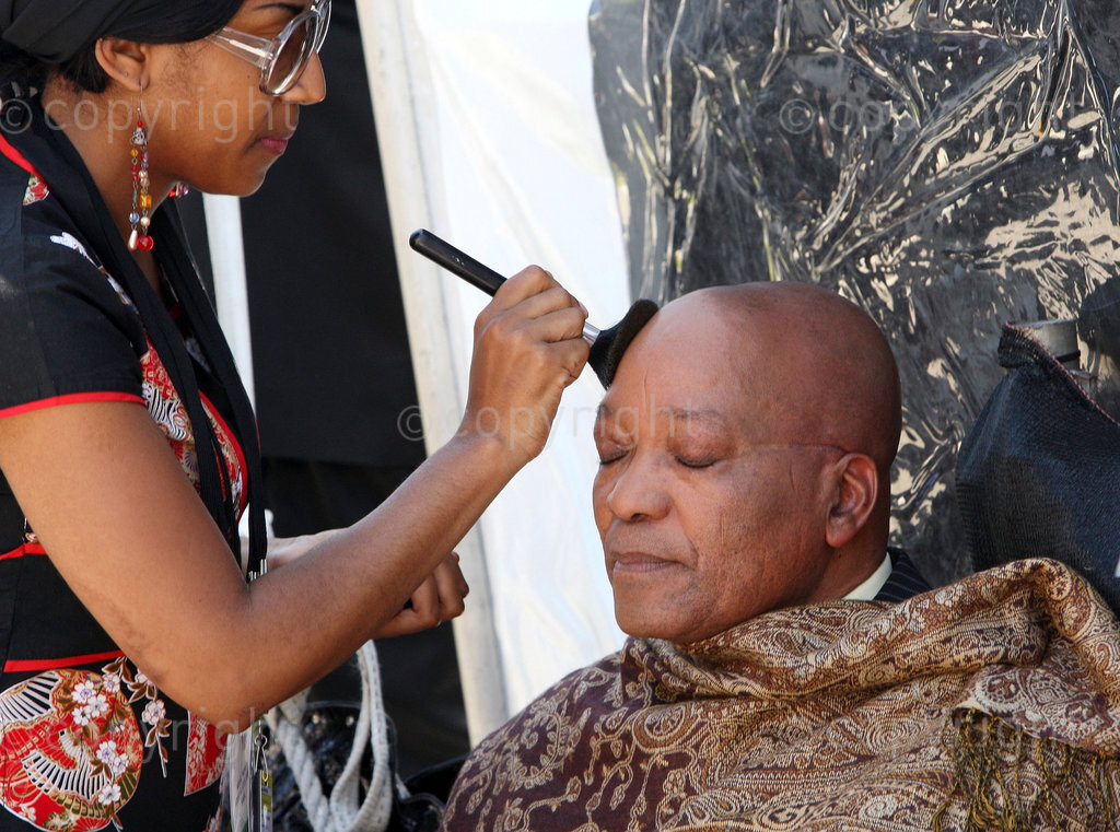 February 7, 2009. ANC president Jacob Zuma put on make-up for an interview after South African acting President Kgalema Motlanthe addressed the State of the Nation at Parliament in Cape Town. 
Photo: ESA ALEXANDER / SUNDAY TIMES/ TIMES MEDIA / african.pictures 