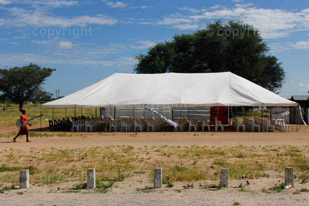 Rundu is the capital of Namibia's Kavango East region. On the banks of the Kavango River, the border between Angola and Namibia it serves as a commercial hub for people travelling between these two African countries. There is an airport, state hospital, large shops, accommodation in lodges along the river and many informal road-side traders such as this one, renting out tents and gazebos.