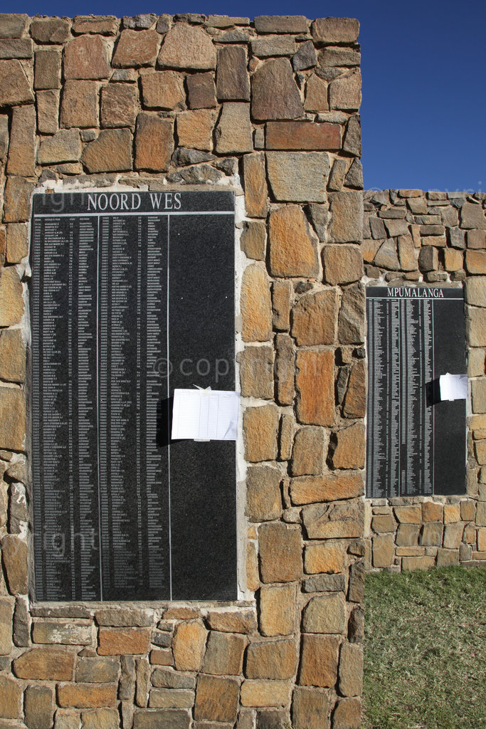 The Wall of Remembrance at Nampo Park in Bothaville is a memorial to farmers and their families who have been killed in farm attacks since May 1961. The names of the victims are engraved on plaques on nine stone structures, which represent each of South Africa's provinces. (17/5/2017)