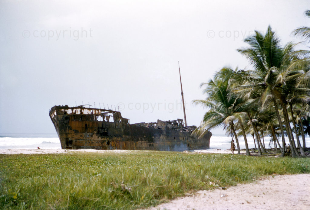 Shipwreck at Half Assini, Ghana, 1957. Scanned from Kodachrome slides taken by my father working as a land surveyor in Ghana in 1957