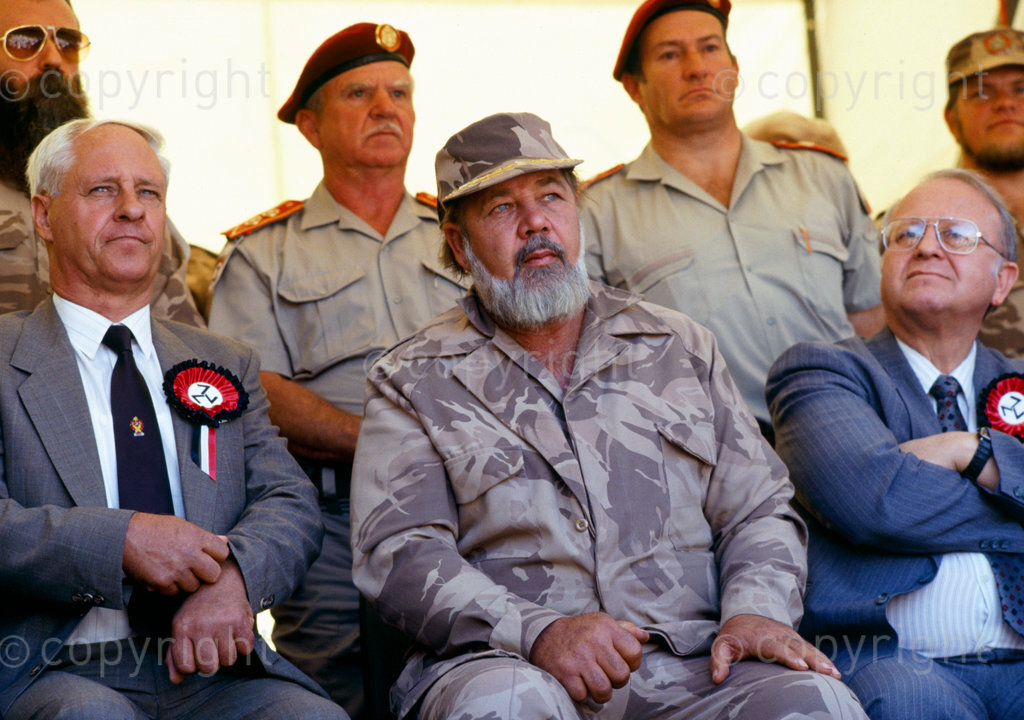 South Africa, 1987-1994. Constand Viljoen, Eugene Terreblanche, Hernus Kriel at an AWB meeting.
Eugene Terreblanche, leader, Afrikaner Weerstandsbeweging (AWB) (Afrikaner Resistance Movement).
Photo Credit: Ken Oosterbroek / african.pictures Photo Credit: Ken Oosterbroek / african.pictures