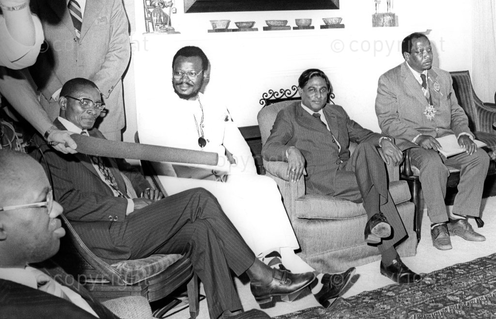 NOVEMBER 1976 - An Issue Of War Or Peace - Mr Leonard Mosala, Soweto Urban Bantu Councillor, Chief Gatsha Buthelezi, president of Inkatha, Mr. J. Reddyl chief executive of the South African Indian Council, and Mr Tolica Makhaya,