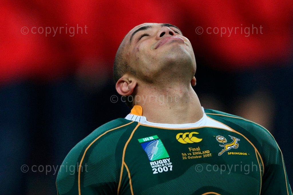 20 October 2007 - Rugby World Cup 2007. Bryan Habana celebrates South Africa's win over England in the Rugby World Cup final. 