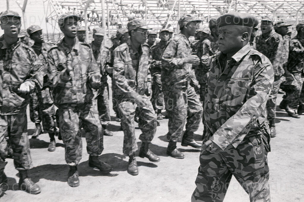 South Africa, 1993-12-16. uMkhonto we Sizwe soldiers singing and dancing at the ANC / uMkhonto we Sizwe Hero's Day rally
uMkhonto we Sizwe (Spear of the Nation) armed wing of the ANC (African National Congress).
Photo Credit: Ken Oosterbroek / african.pictures Photo Credit: Ken Oosterbroek / african.pictures