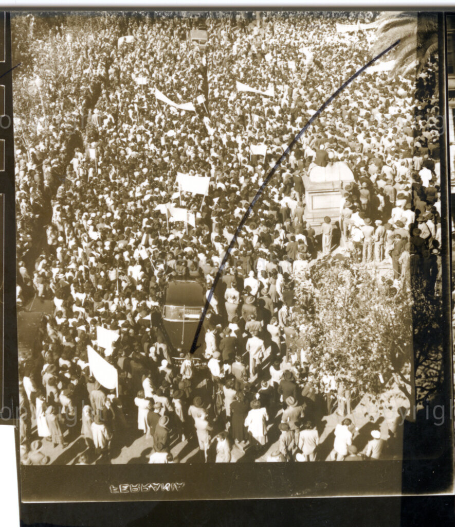 City Hall, Johannesburg, Transvaal (now Gauteng), South Africa, 19520524. PHOTO: Eli Weinberg.

A large crowd gathers at the front of the City Hall in Johannesburg, South Africa. This is possibly a protest by members of the Garment Workers Union (GWU) relating to the banning and/or arrest of Emil Solomon (Solly) Sachs (11/11/1900- 30/7/1976) secretary of the GWU. Sachs was the first trade unionist to be banned under the Suppression of Communism Act of 1950 in May 1952. This led to a series of protests by the GWU including one in May 1952 and one in July 1952 at the City Hall.