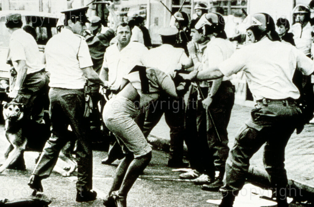 South Africa, Date Unknown. PHOTO: ANC Archives.
South African Police used brutal force to disperse a crowd at an anti-apartheid rally. Use of such force became common in the 1970s and 1980s but did not prevent rolling mass action against the regimes policies.