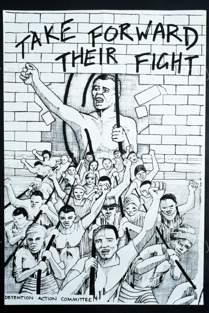 South Africa, Date Unknown. PHOTO: ANC Archives.

During the apartheid years, civil societies were categorised according to specific groups. These civil society groups fought for the rights of the groups they were representing such as the right to education of prisoners.
Poster: TAKE FORWARD THEIR FIGHT. DETENTION ACTION COMMITTEE.