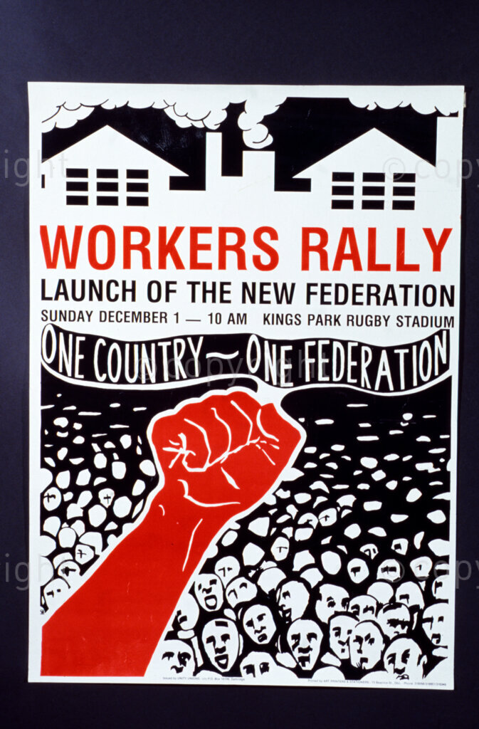 South Africa, Date Unknown. PHOTO: ANC Archives.

The formation of COSATU as the umbrella body of the different labour movements to present labour-related matters to industrial managers was a major victory to Black workers.

POSTER:
WORKERS RALLY
LAUNCH OF THE NEW FEDERATION
SUNDAY DECEMBER 1 - 10 AM 
KINGS PARK RUGBY STADIUM
ONE COUNTRY ONE FEDERATION