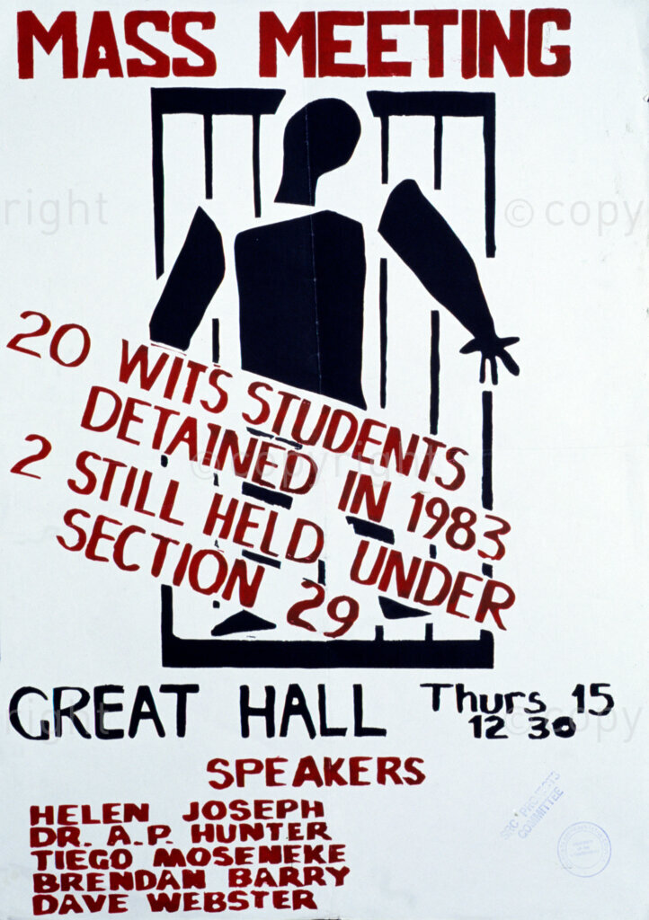 South Africa, Date Unknown. PHOTO: ANC Archives.

During the apartheid years, posters were the only form of media that unions and other progressive organisations used to communicate messages to the community.

Mass meeting
Speakers
Helen Joseph
Dr. A.P. Hunter
Tiego Moseneke
Brendan Barry
Dave Webster
