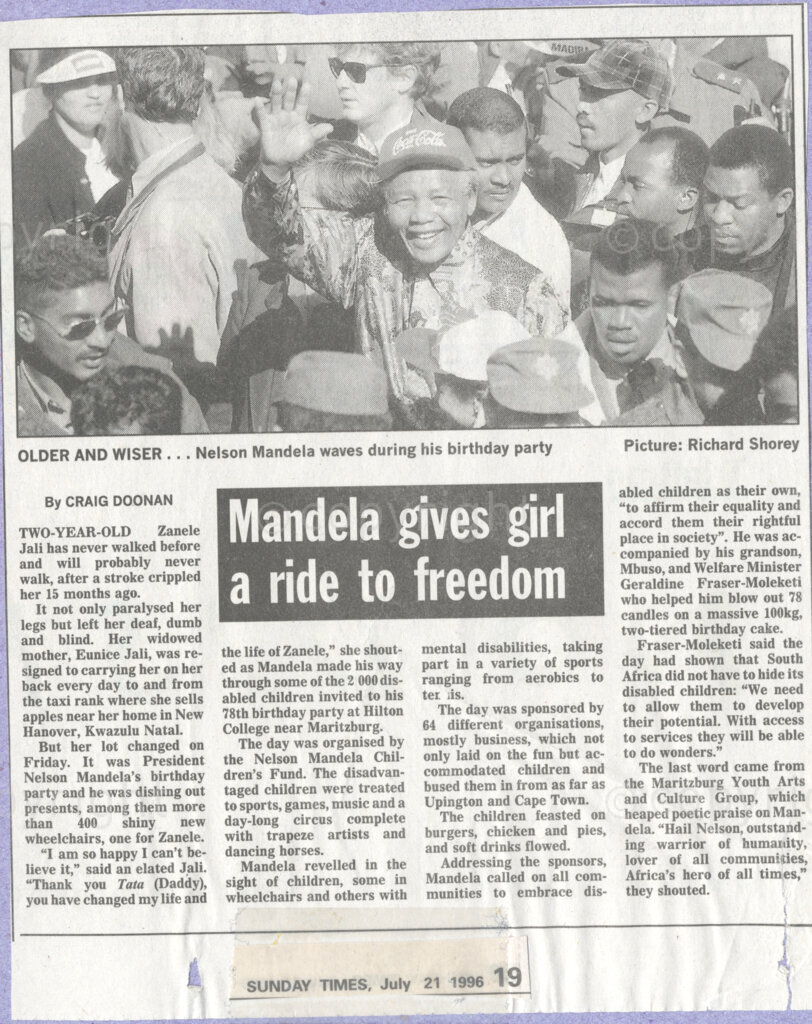Hilton College, Pietermaritzburg, KwaZulu-Natal, South Africa, 19950717. PHOTO: ANC Archives.

The President of South Africa, Nelson Mandela, fondly known as Madiba, celebrated his 78th birthday with more than 2,000 children who are living with disability in disadvantaged communities across the county. The day-long birthday extravaganza was held on the 17th July 1996 on the grounds of Hilton College near Pietermaritzburg in the KwaZulu-Natal Midlands. In advance of the day's festivities, the invited children were examined and treated by a team of orthopaedic specialists and physiotherapists. Many of them were given life-changing wheelchairs. Madiba was delighted to be able to share his 100kg birthday cake, ablaze with 78 candles, with the children and their carers, circus performers who provided much of the entertainment, and other assembled guests. The event has the backing of the Nelson Mandela Children's Fund. Nelson Mandela was born on the 18th July 1918 in Mvezo, a small village in the Eastern Cape.