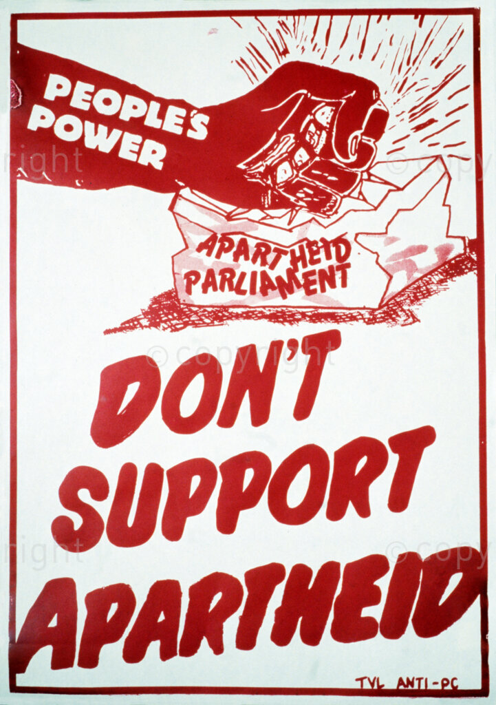 South Africa, Date Unknown. PHOTO: ANC Archives

The rise of civil societies gave birth to civic organisations that took to the streets the bread and butter issues that were affecting the house holds such as rent and food price increase.

POSTER:
PEOPLE'S POWER
APARTHEID PARLIAMENT
DON'T SUPPORT APARTHEID
TVL ANTI-PC