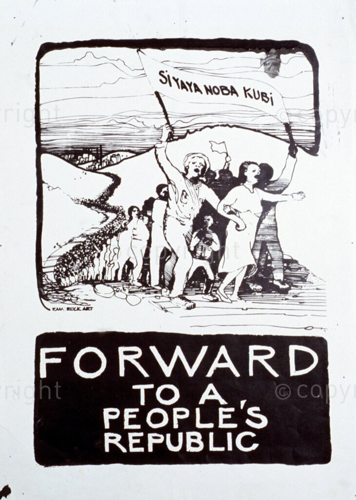 South Africa, Date Unknown. PHOTO: ANC Archives

The rise of civil societies gave birth to civic organisations that took to the streets the bread and butter issues that were affecting the house holds such as rent and food price increase.

POSTER:
SIYAYA NOBA KUBI
FORWARD TO A PEOPLE'S REPUBLIC
RAM ROCK ART