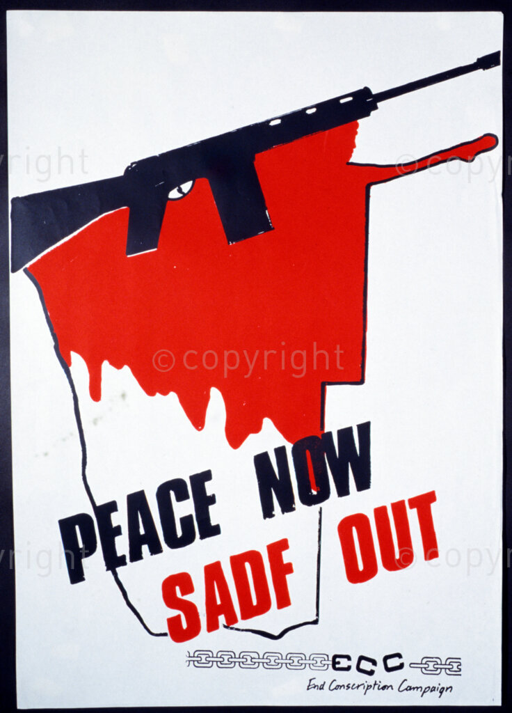 South Africa, Date Unknown. PHOTO: ANC Archives

During the apartheid years, young white males were required by law to undergo military training. Those that resisted the call came together to form a body called End Conscription Campaign.

POSTER: 
PEACE NOW
SADF OUT
End Conscription Campaign