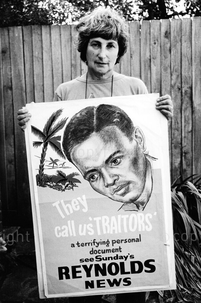 Location and Date Unknown. PHOTO: ANC Archives.

Sadie Forman holding poster: They call us TRAITORS, a terrifying personal document - see Sunday's Reynolds News. Reynold's News was a Sunday newspaper in the United Kingdom.

Sadie Forman wife of Lionel Forman. Sadie was a political activist and member of the South African Communist Party. She volunteered as an assistant archivist at the University of Fort Hare Library and received a doctorate there in 2011. She wrote a book on the life of her husband, Lionel Forman entitled 'A Life Too Short.'