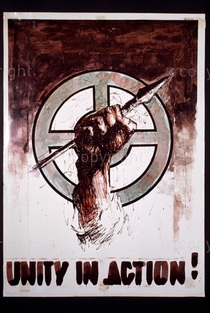 South Africa, Date Unknown. PHOTO: ANC Archives.
The wheel and the spear symbolise the alliance of the progressive movements that are led by SACTU, SACP and ANC.
Poster: UNITY IN ACTION!
