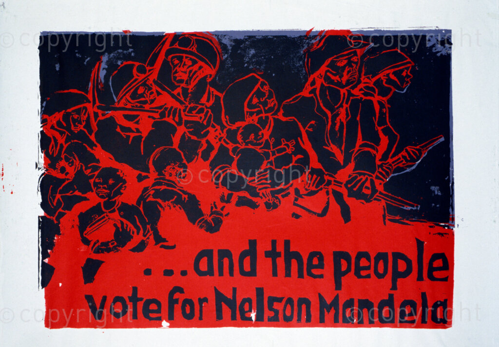 South Africa, Date Unknown. PHOTO: ANC Archives

During the apartheid years, posters were used to communicate messages of hope and of victory over the apartheid regime. Posters are the only form of media that unions used to communicate messages and to call people to gatherings.  This poster depicting ordinary South Africans reads:  '... and the people vote for Nelson Mandela'