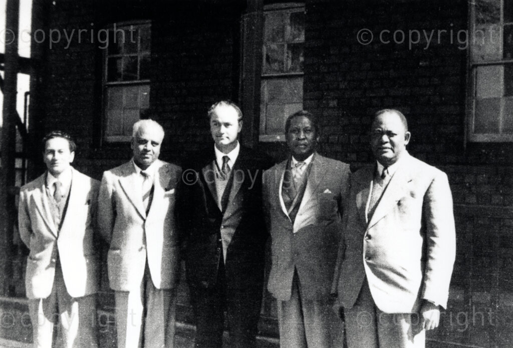 Location and Date Unknown. PHOTO: ANC Archives.
Chief Albert Luthuli (second from right). Chief Albert Luthuli was the president of the African National Congress from 1953-1967. He was the first African recipient of the Nobel Peace prize for his outstanding contribution in South African and African politics.