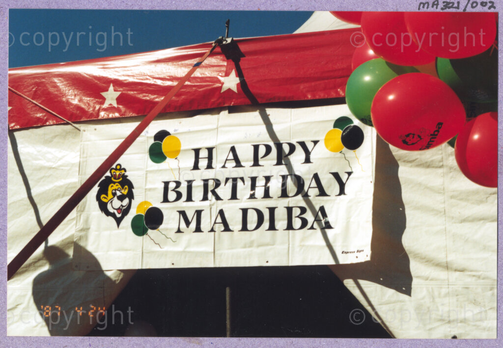 Hilton College, Pietermaritzburg, KwaZulu-Natal, South Africa, 19960717. PHOTO: ANC Archives.

A banner hung at the entrance to one of the party tents wishes Madiba 