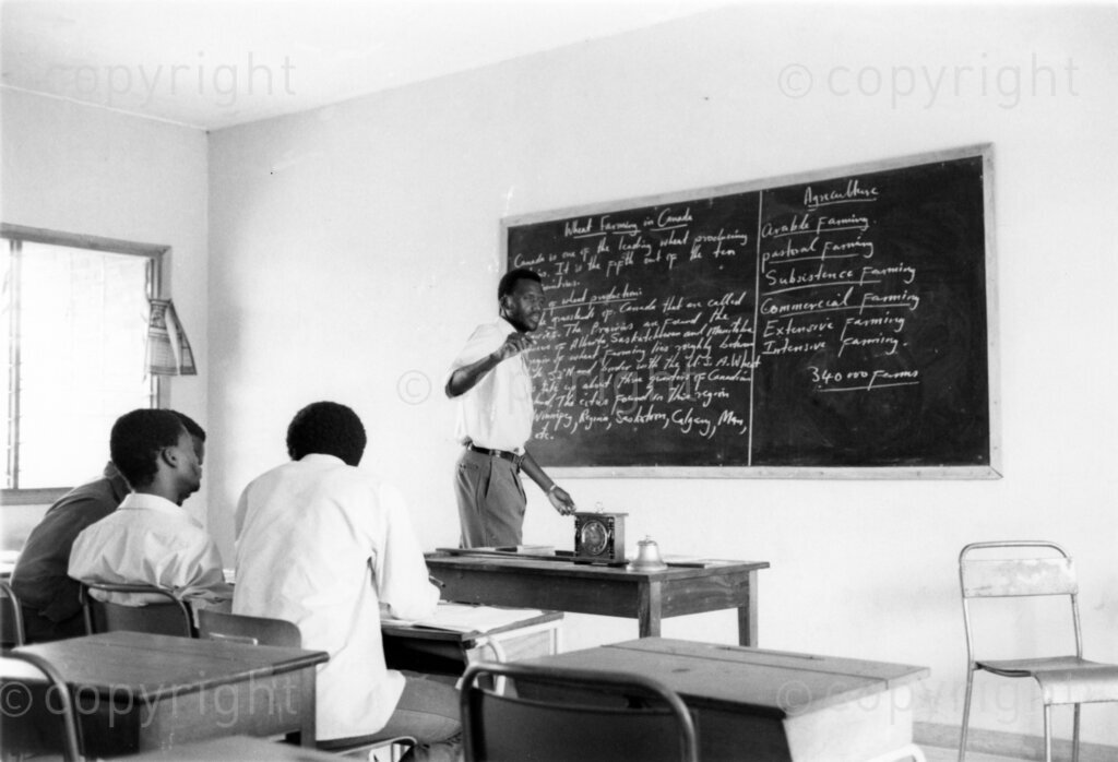 Mazimbu, Morogoro, Tanzania, Late 1970’s - 1980’s. PHOTO: ANC Archives.

High School Education Class in Solomon Mahlangu Freedom College (SOMAFCO). An Agriculture and Geography lesson on Wheat Farming in Canada.