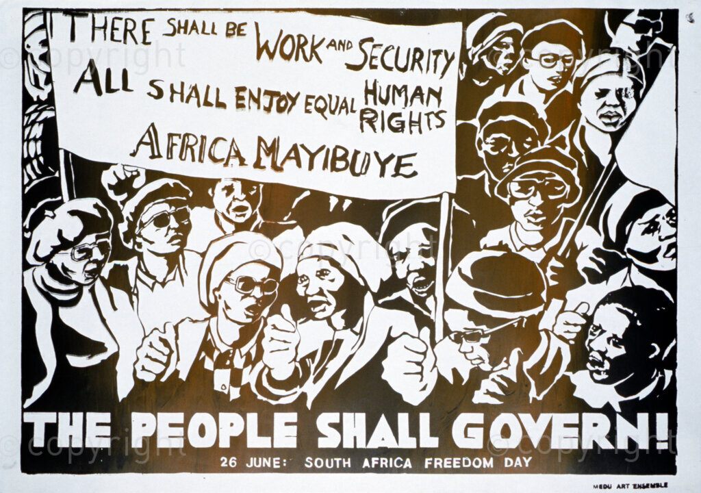 South Africa, Date Unknown. PHOTO: ANC Archives

During the apartheid years, artists from different walks of life came together to support the boycott of culture under apartheid regime.  Poster: THERE SHALL BE WORK AND SECURITY. ALL SHALL ENJOY HUMAN RIGHTS. AFRICA MAYIBUYE. THE PEOPLE SHALL GOVERN! 26 JUNE: SOUTH AFRICAN FREEDOM DAY.   (By: Medu Art Ensemble)  Mayibuye: Zulu meaning 'bringing back what was lost'