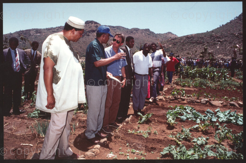 Mohlala Garden , Seopela village, Sekhukhuneland, Transvaal, South Africa, 19921130. PHOTO: ANC Archives.

From left to right: The Chairman of Operation Hunger, Michael Rantho, the President of the African National Congress (ANC), Nelson Mandela, and Operation Hunger Regional Director (for the Northern Transvaal), Johann Rissik take a walk through the vegetable gardens of Mohlala Garden in the village of Seopela, Sekhukhuneland, in November 1992.