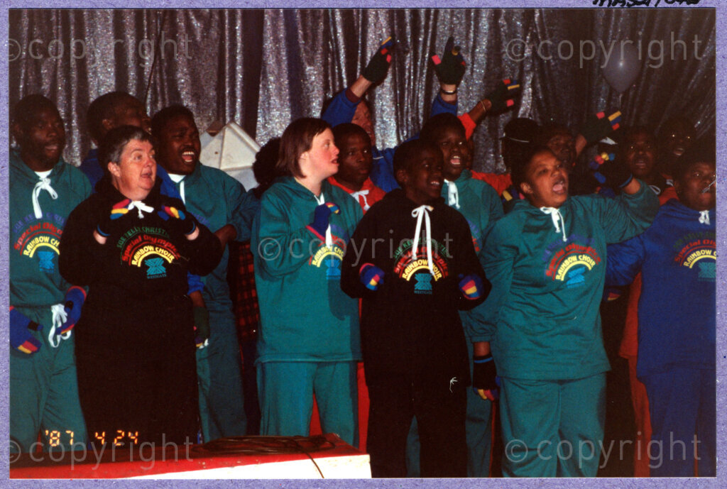 Hilton College, Pietermaritzburg, KwaZulu-Natal, South Africa, 19960717. PHOTO: ANC Archives.

Children dressed in the new green tracksuits they have been given for the occasion participate in the festive activities at the 78th birthday celebration of the President of South Africa, Nelson Mandela. More than 2,000 children who are living with disability in disadvantaged communities across the county have been invited to attend the day-long birthday extravaganza being held on the 17th July 1996 on the grounds of Hilton College near Pietermaritzburg in the KwaZulu-Natal Midlands. The children, their carers, Madiba and other guests are being entertained playing games, enjoying party fare, and attending a circus performance in a big top (a first-time experience for Madiba who has, to date, never been to a circus!). The event has the backing of the Nelson Mandela Children's Fund.