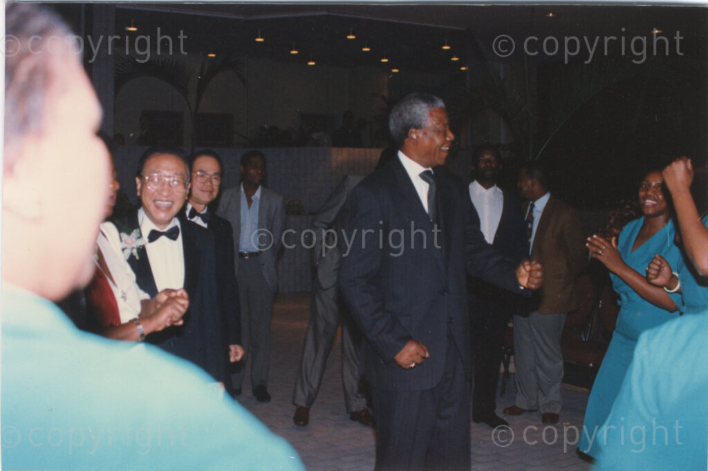 Parktonian Hotel, Johannesburg, Transvaal, South Africa, 19940309. PHOTO: ANC Archives.

Nelson Mandela is the guest of honour at an ANC voter education fund-raising dinner hosted by the Taiwanese community in South Africa on the 9 March 1994. Leading up to the 1994 elections in South Africa, Taiwan embarked on a public relations campaign in efforts to improve relations with the ANC, providing financial support to the ANC's election campaign. South Africa's diplomatic ties with Taiwan (The Republic of China) ended in 1998 however when Nelson Mandela, as President of South Africa, recognized the People's Republic of China.