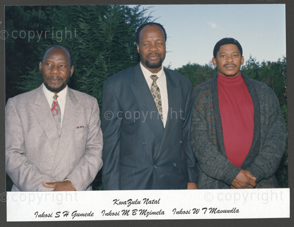 Cape Town, Western Cape, South Africa, 19970418. PHOTO: ANC Archives.

A group portrait of Inkosi S.H. Gumede, Inkosi M.B. Mzimela and Inkosi W.T. Mavundla from KwaZulu-Natal (KZN) at the inauguration of the National Council of Traditional Leaders, Cape Town, Western Cape, South Africa on 18 April 1997.