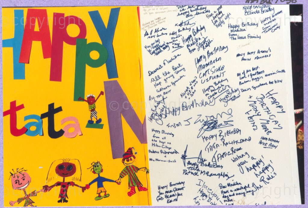 Hilton College, Pietermaritzburg, KwaZulu-Natal, South Africa, 19960717. PHOTO: ANC Archives.

A handmade birthday card, signed by the many disadvantaged children living with disability from around South Africa who have been invited to share Nelson Mandela's 78th birthday festivities. The President of South Africa is fondly known to children in particular as Tata Madiba, as depicted on the card. The birthday extravaganza has been held on the 17th July 1996 on the grounds of Hilton College near Pietermaritzburg in the KwaZulu-Natal Midlands. The event has the backing of the Nelson Mandela Children's Fund. Nelson Mandela was born on the 18th July 1918 in Mvezo, a small village in the Eastern Cape.
