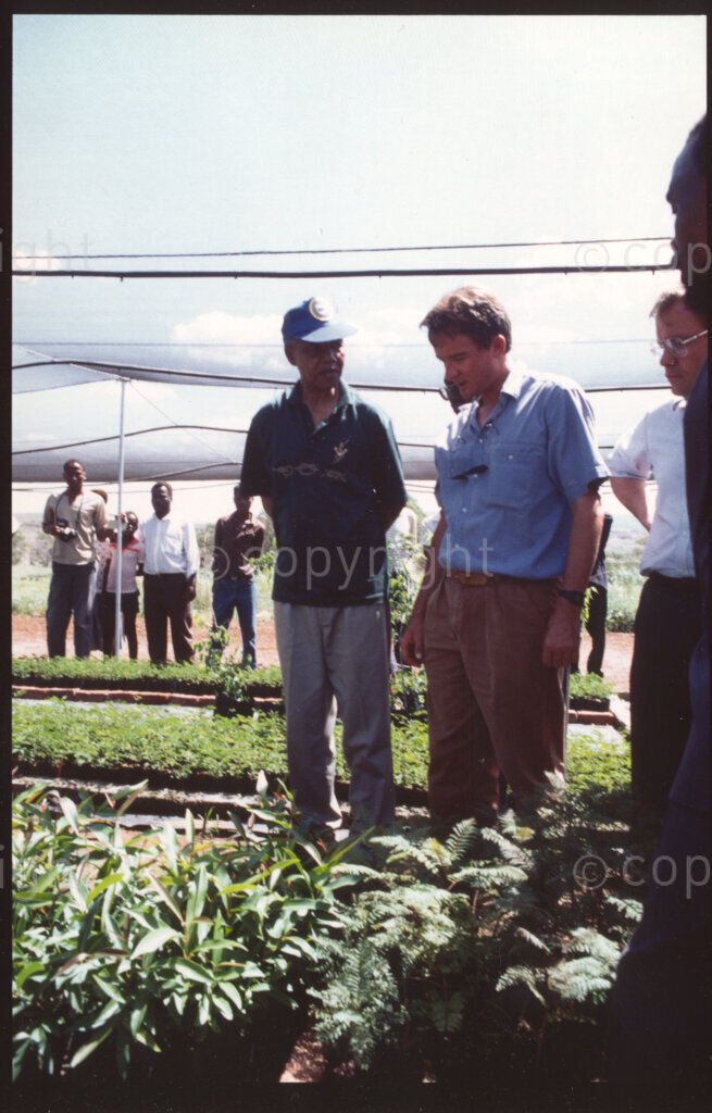 Jane Furse Agricultural Centre, Sekhukhuneland, Transvaal, South Africa, 19921130. PHOTO: ANC Archives.

Operation Hunger Regional Director (for the Northern Transvaal), Johann Rissik (centre), shows the President of the African National Congress, Nelson Mandela (left), the seedling nursery at Operation Hunger's Jane Furse Agricultural Centre.