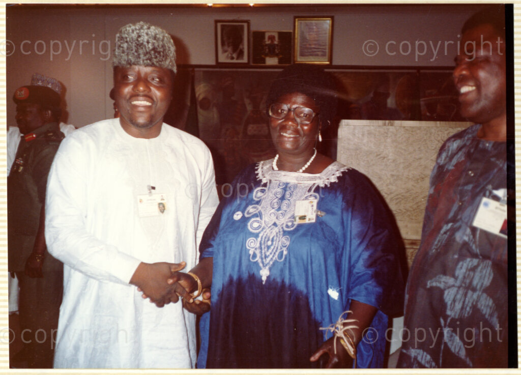 Nigeria, 19900513. PHOTO: ANC Archives.

Pascal Bafyau (left) and two unknown people at a function during Nelson Mandela's official visit to Nigeria from 13 to 16 May 1990.