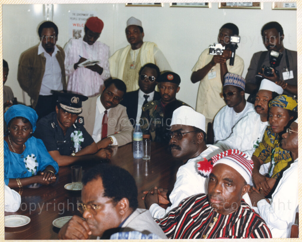 Kaduna Refinery, Kaduna, Kaduna, Nigeria, 19900515. PHOTO: ANC Archives.

Various unidentified individuals gathered around a conference table during Nelson Mandela's visit to Kaduna Refinery, Nigeria, 15 May 1990.