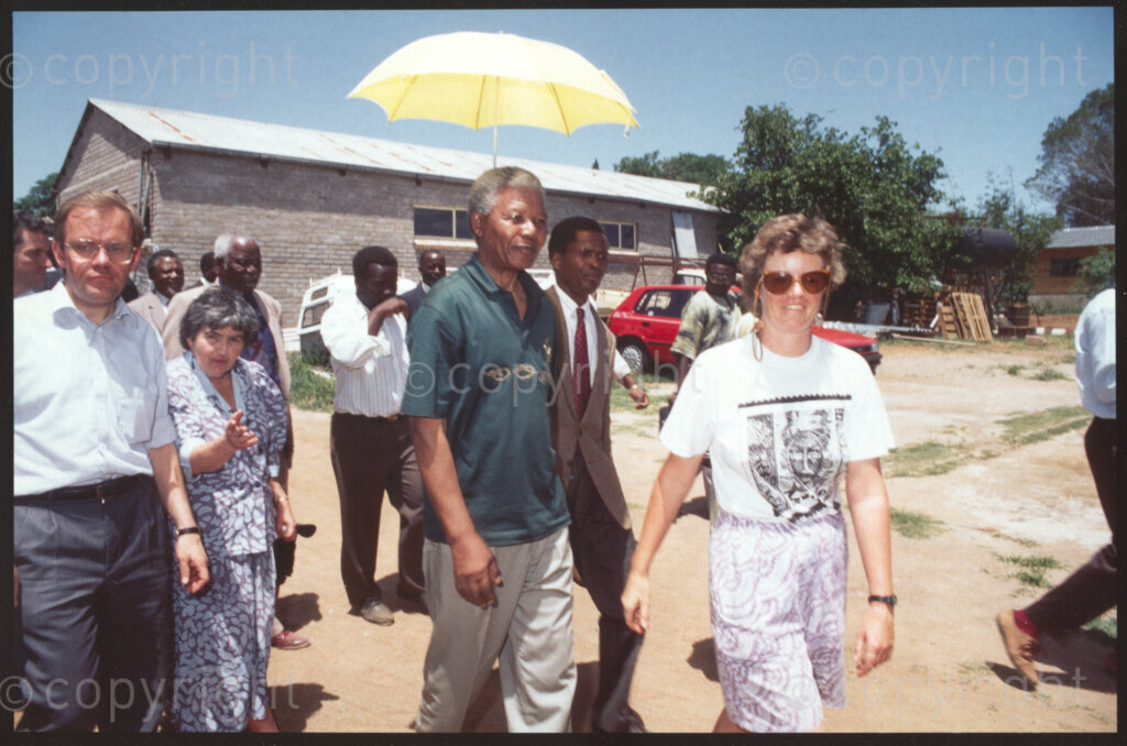 Jane Furse Agricultural Centre, Jane Furse, Sekhukhuneland, Transvaal, South Africa, 19921130. PHOTO: ANC Archives.

From left to right: Carl Niehaus of the African National Congress (ANC); Executive Director of Operation Hunger, Ina Perlman; the President of the ANC, Nelson Mandela, and Operational Hunger Regional Administrator (for the Northern Transvaal), Belinda Blaine at the Jane Furse Agricultural Centre in the town of Jane Furse, Sekhukhuneland in November 1992.