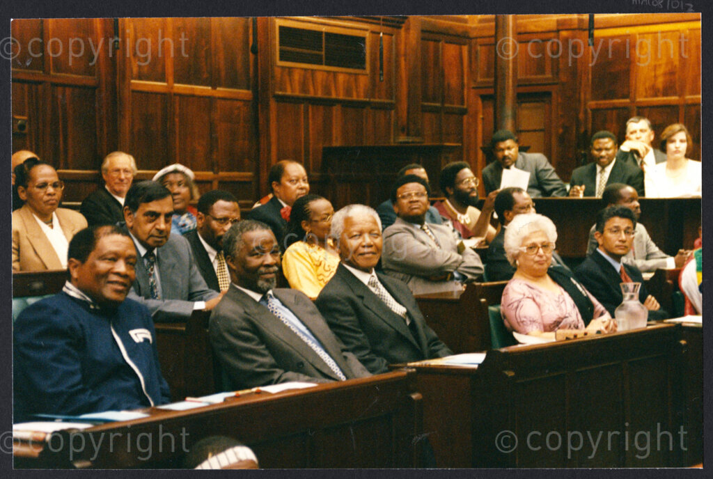 National Assembly, Parliament, Cape Town, Western Cape, South Africa, 19970418. PHOTO: ANC Archives.

Seated in the National Assembly, Parliament, Deputy President Thabo Mbeki (second left), President Nelson Mandela (third left), Dr Frene Ginwala (second right) and Ebrahim Patel (right) at the inauguration of the Council of Traditional Leaders in Cape Town, Western Cape, South Africa, 18 April 1997.