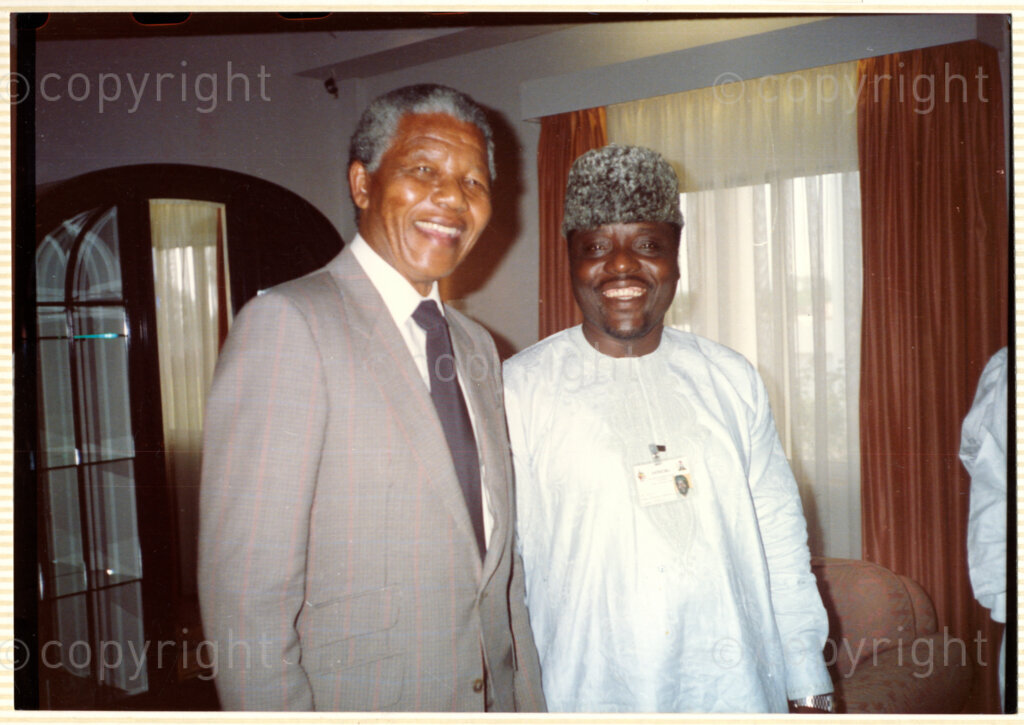 Nigeria, 19900513. PHOTO: ANC Archives.

Nelson Mandela, Deputy President of the African National Congress (ANC), with Pascal Bafyau, President of the Nigeria Labour Congress, visits Nigeria in May 1990.

 [Note : same photo in previous album says October 1990]