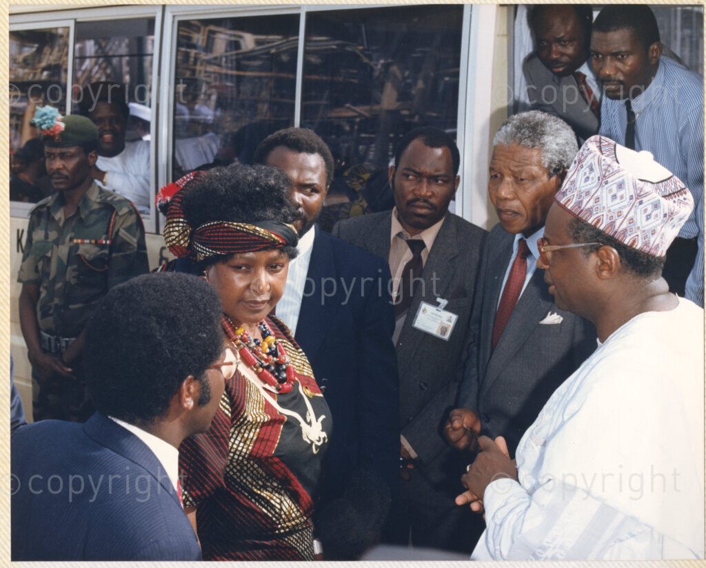 Kaduna Refinery, Kaduna, Kaduna, Nigeria, 19900515. PHOTO: ANC Archives.

Nelson Mandela (second right) and Winnie Madikizela-Mandela (second left) listen to officials during their visit to Kaduna Refinery, Nigeria, 15 May 1990.