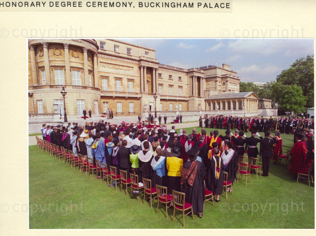 Buckingham Palace, London, United Kingdom, 19960701. PHOTO: ANC Archives: President Nelson Mandela is on a state visit to the United Kingdom in July 1996. At a ceremony in the gardens of Buckingham Palace, eight United Kingdom universities conferred honarary degrees on Mandela. He is seen here with the dignitaries who take part in the award ceremony.