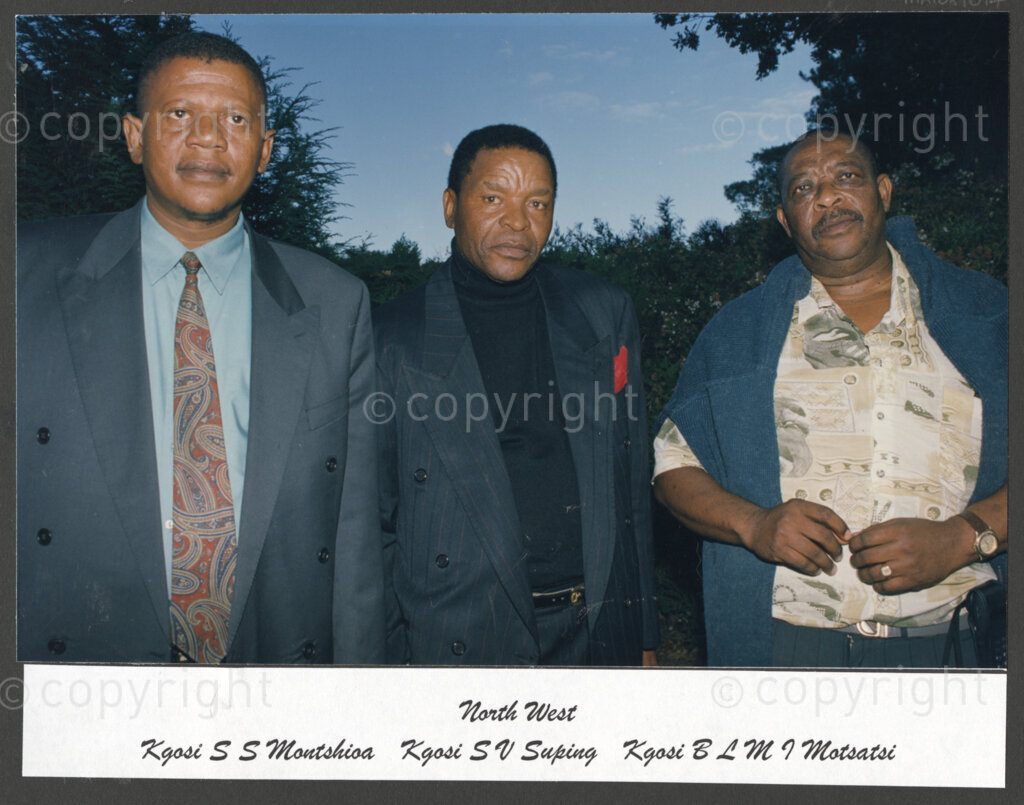 Cape Town, Western Cape, South Africa, 19970418. PHOTO: ANC Archives.

Kgosi S.S. Montshisa, Kgosi S.V. Suping and Kgosi B.L.M. Motsati (left to right) from the North West Province at the inauguration of the National Council of Traditional Leaders, Cape Town, Western Cape, South Africa on 18 April 1997.