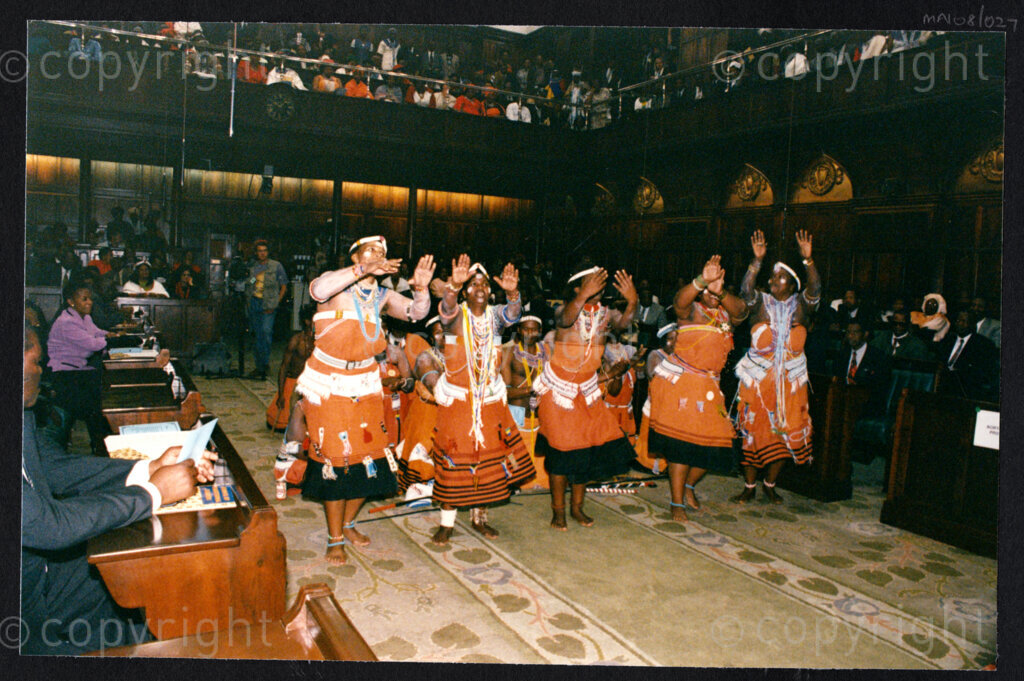 National Assembly, Parliament, Cape Town, Western Cape, South Africa, 19970418. PHOTO: ANC Archives.

Xhosa dancers in traditional dress, at the Inauguration of the Council of Traditional Leaders in Cape Town, Western Cape, South Africa on 18 April 1997.