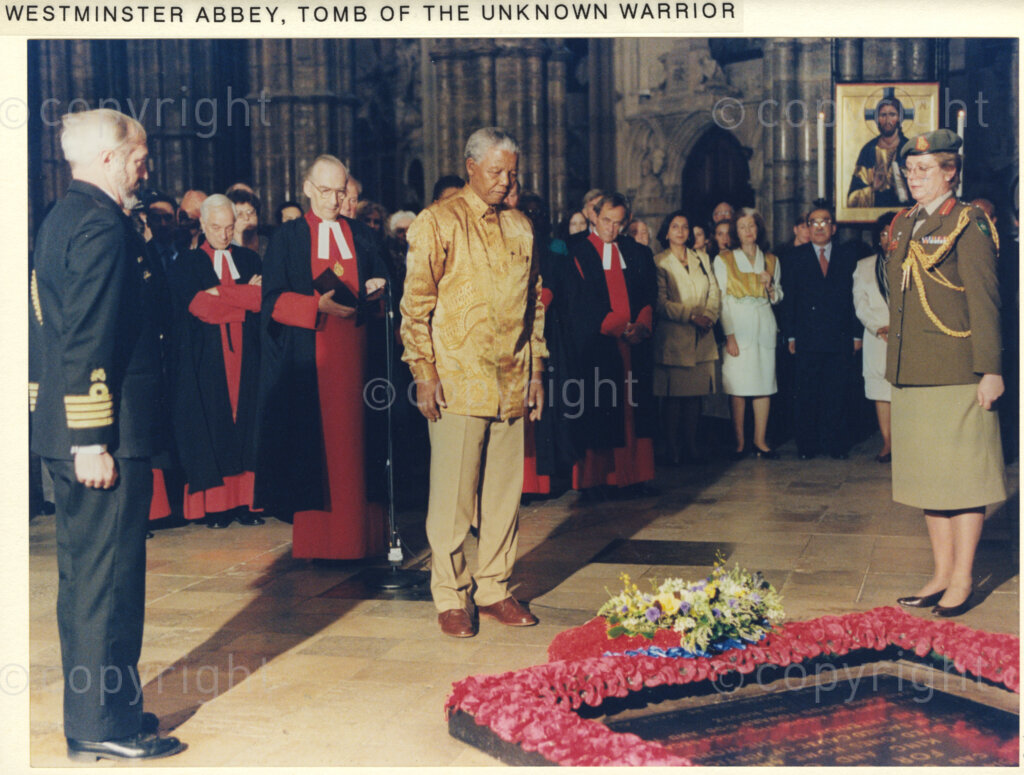 Westminster Abbey, London, United Kingdom, 19960701. PHOTO: ANC Archives: President Nelson Mandela stands solemnly before the Tomb of the Unknown Warrior in Westminster Abbey. He is on a state visit to the United Kindom in July 1996.