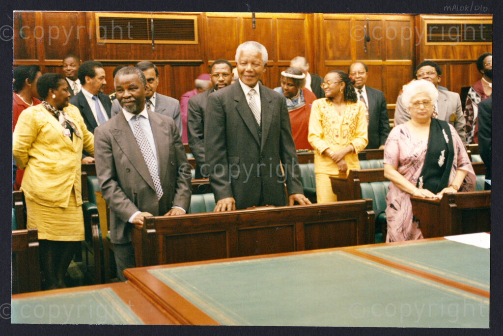 National Assembly, Parliament, Cape Town, Western Cape, South Africa, 19970418. PHOTO: ANC Archives.

Front row from left, Deputy President Thabo Mbeki, President Nelson Mandela and Dr Frene Ginwala at the inauguration of the National Council of Traditional Leaders in the National Assembly, Parliament, Cape Town, Western Cape, South Africa on 18 April 1997.