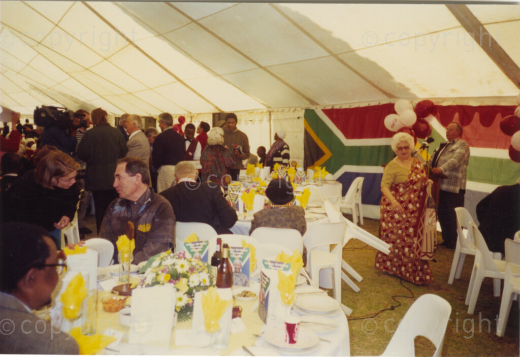 Johannesburg, Gauteng, South Africa, 19960719. PHOTO: Pan African Archives.

At his birthday party each year, President Nelson Mandela chooses to celebrate a sector of the SA population. In 1996, his 78th birthday, South African President Nelson Mandela shares the day with hundreds of ANC veterans. This is a happy and emotional reunion for many of the guests who have survived long years of oppression and /or exile.