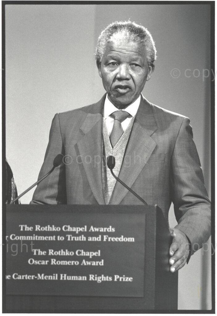 Rothko Chapel, Houston, Texas, United States of America, 19911208. PHOTO: ANC Archives.

Nelson Mandela, keynote speaker at the twentieth anniversary of Rothko Chapel Awards and recipient of the special Carter-Menil Human Rights Prize, Houston, Texas, the United States of America on 8 December 1991. Inscription on the plaque, 'The Rothko Chapel Awards for Commitment to Truth and Freedom. The Rothko Chapel. Oscar Romero Award. The Carter-Menil Human Rights Prize'.