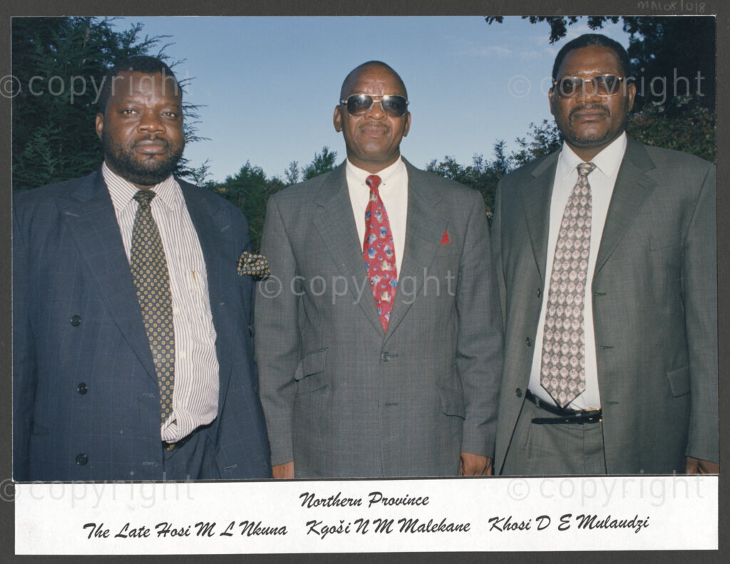 Cape Town, Western Cape, South Africa, 19970418. PHOTO: ANC Archives.

A group portrait of, from left, Hosi M.L. Nkuna, Kgosi N.M. Malekane and Khosi D.E. Mulaudzi from the Northern Province at the social function following the inauguration of the Council of Traditional Leaders in Cape Town, Western Cape, on 18 April 1997.